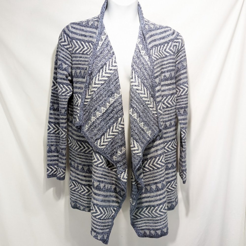 Lucky Brand Boho Blue White Open Front Long Sleeves Blanket Jacket Large